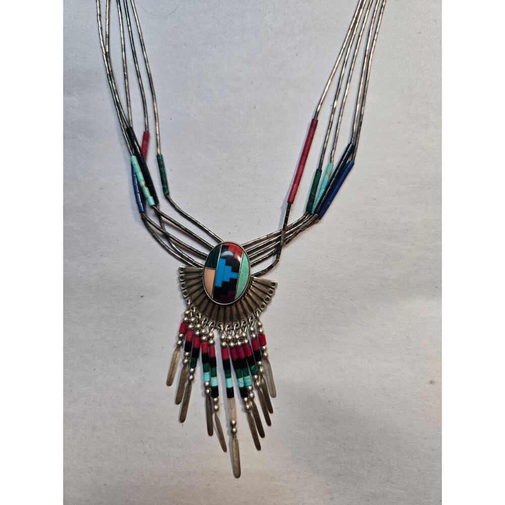 VTG QT Quoc Sterling Liquid Silver Multi Strand Inlay Fringe Necklace 18"